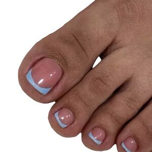 24Pcs Blue French Tip Press on Toenails Short Square Fake Toe Nails Reusable